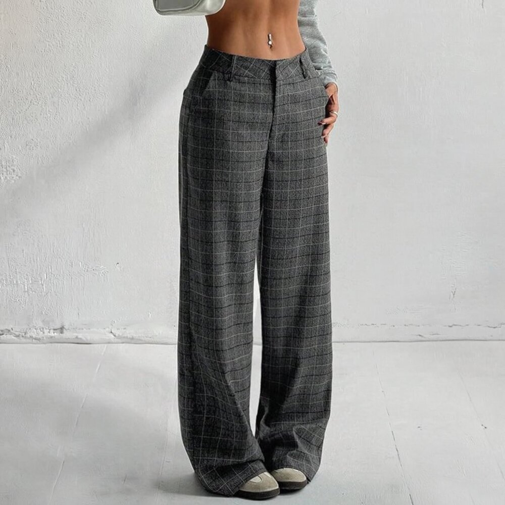 Oversized Plaid Low Rise Trouser Pants in Gray - Small